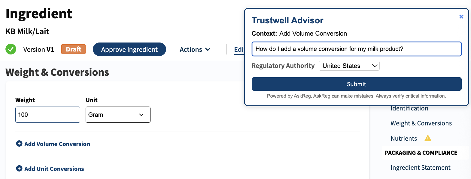 Screenshot of Trustwell Advisor panel asking about volume conversion, overlaying a Weight & Conversions form set to 100 grams for milk ingredient.