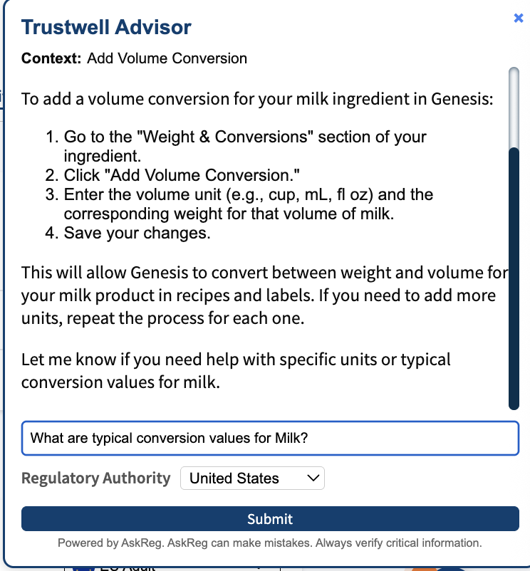 Trustwell Advisor panel showing steps to add a volume conversion for milk, including instructions and input field for typical values.