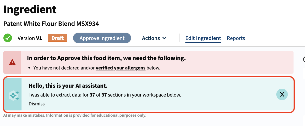 Screenshot of ingredient page showing AI assistant message confirming data extraction for 37 of 37 sections with dismiss option.