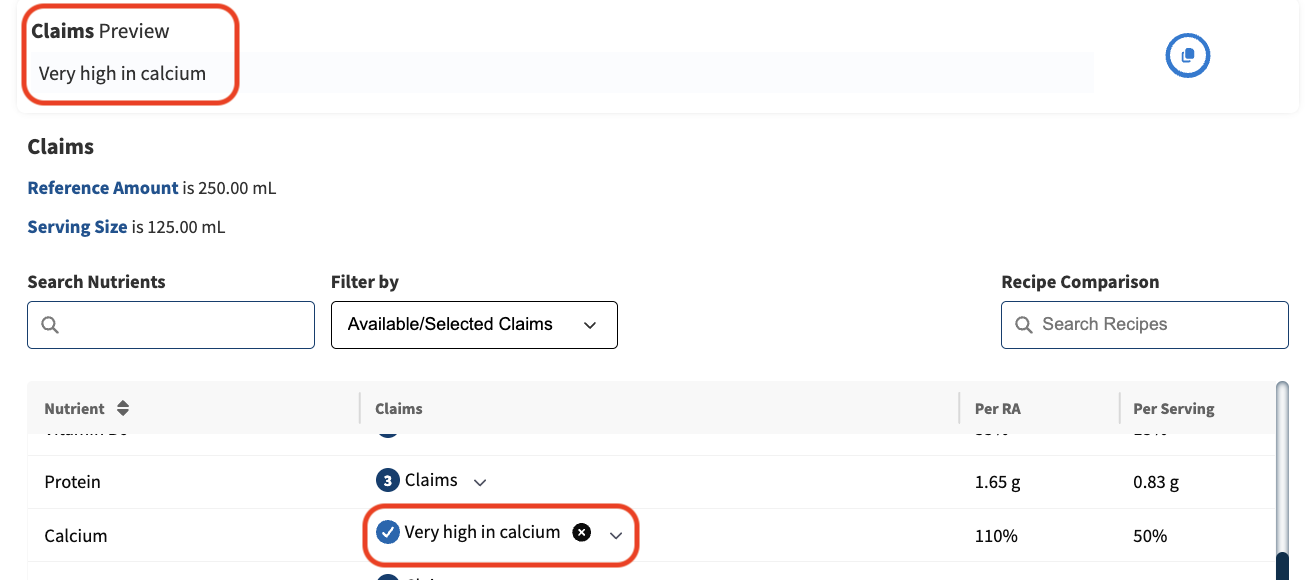 App modal showing available nutrient content claims, with the claim "very high in calcium" selected.