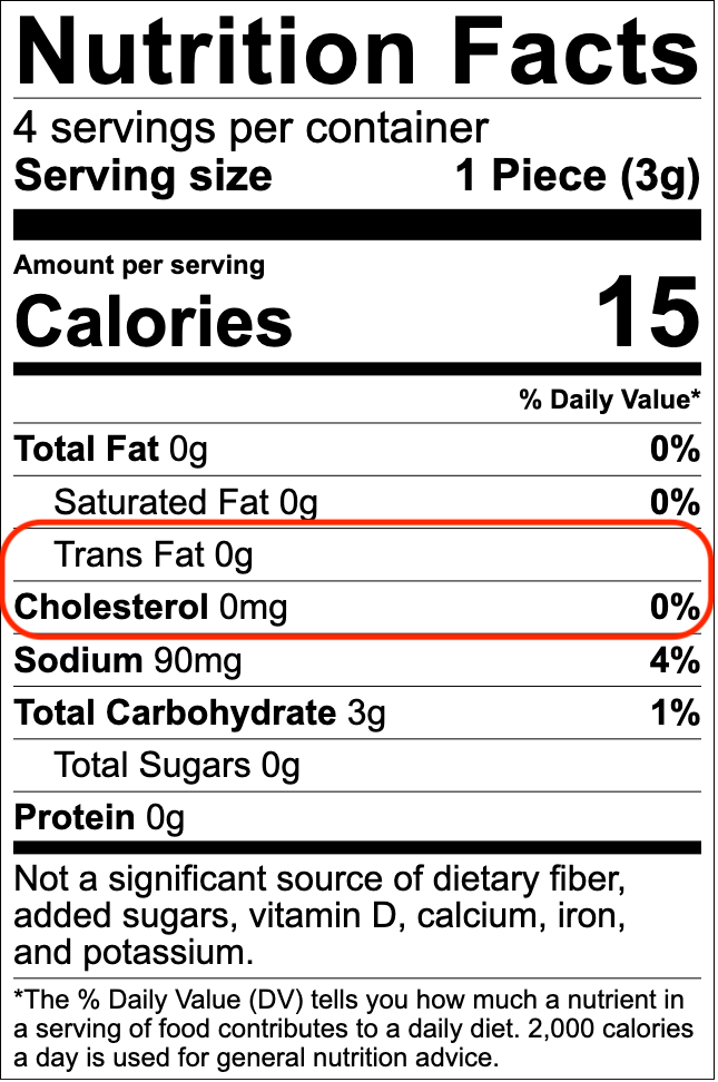 Nutrition facts panel with the trans fat and cholesterol lines highlighted, both showing zero values