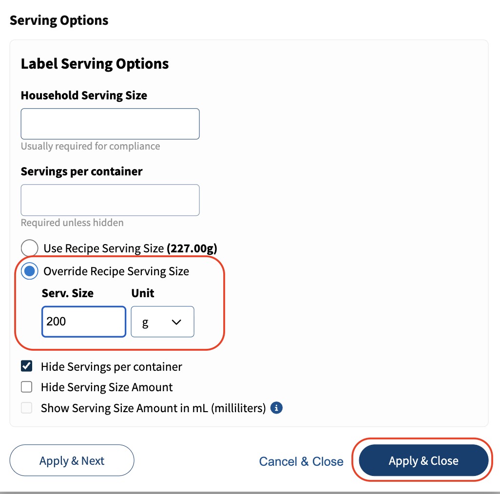 App modal showing manual adjustments to serving sizes