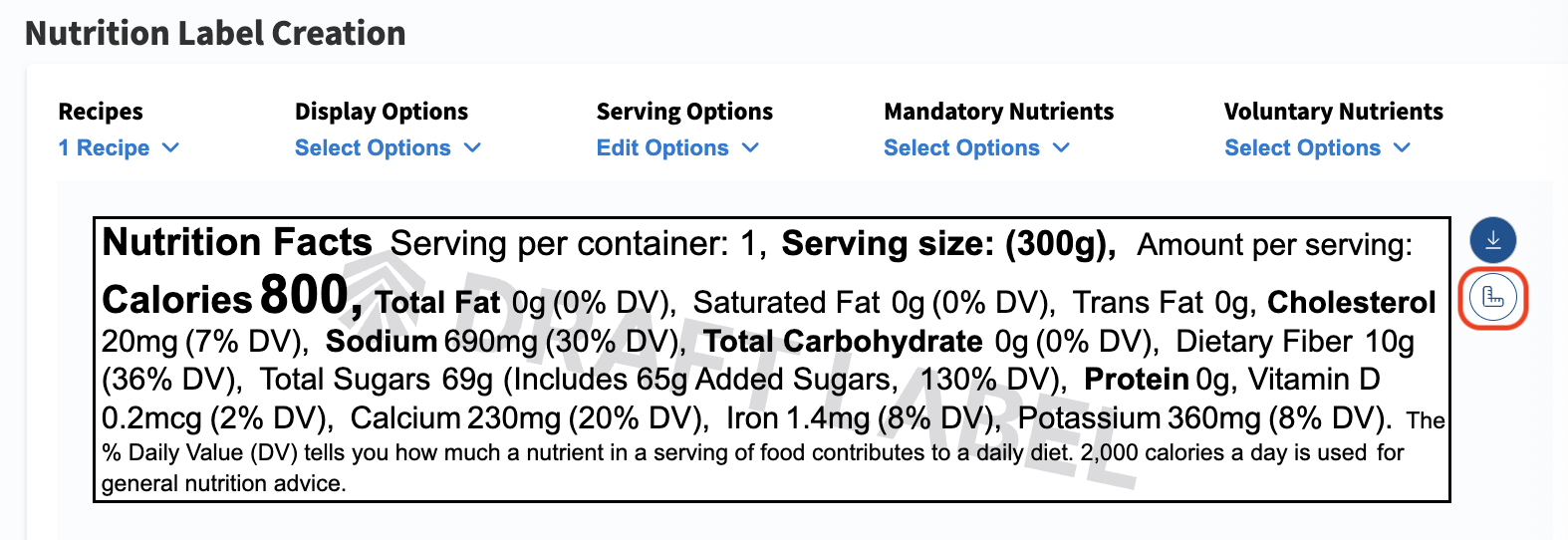 App modal showing a nutrition facts panel with a ruler icon highlighted